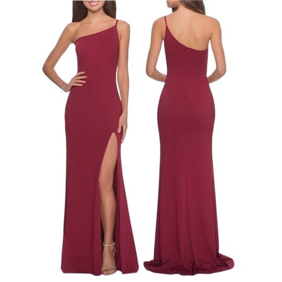 NWOT LA FEMME Burgundy ONE SHOULDER Jersey SLIT Evening Dress SULTRY GOWN 4 - Picture 1 of 5